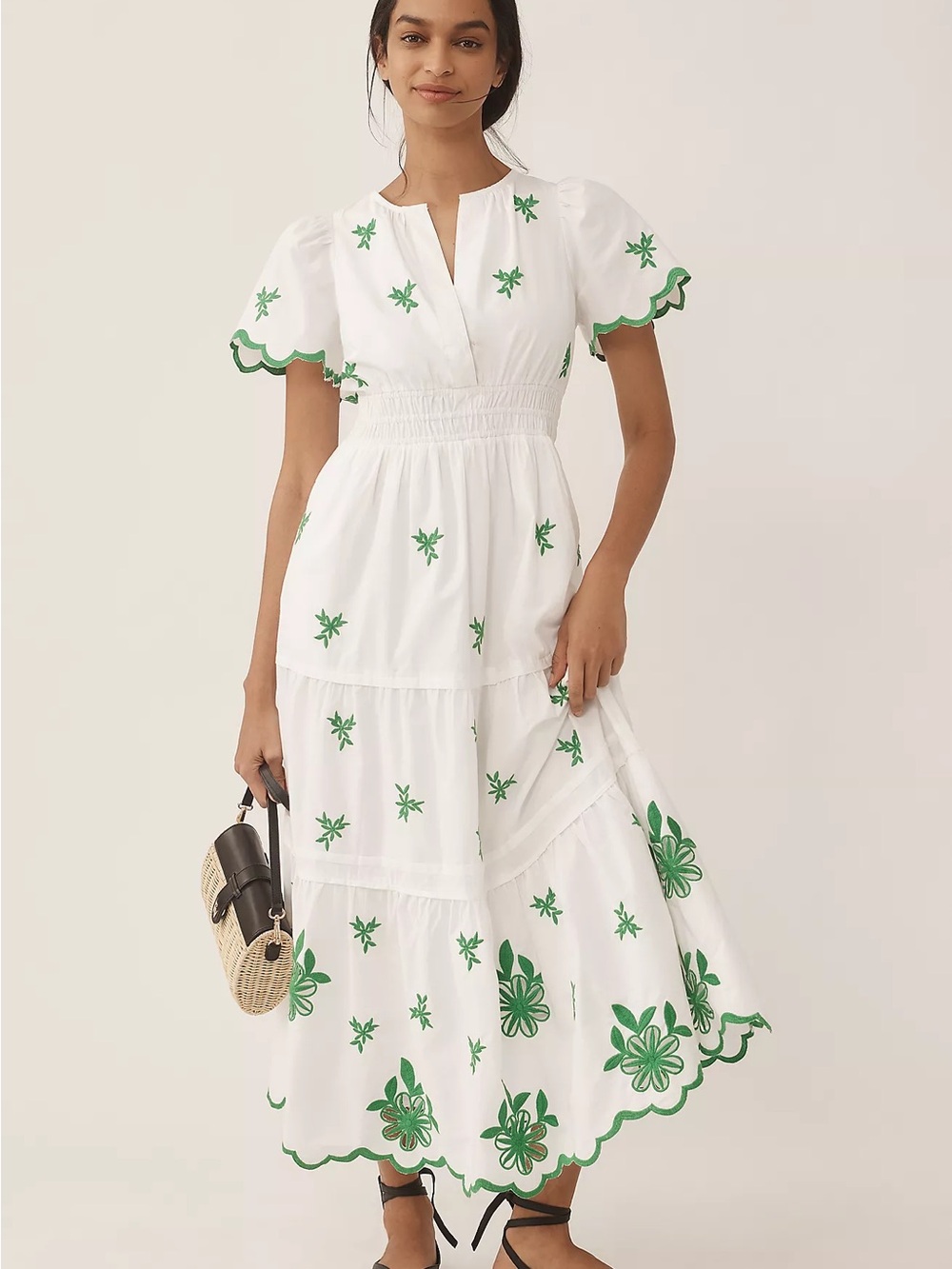 Anthropologie Somerset White Midi Dress with Green Floral Embroidery
